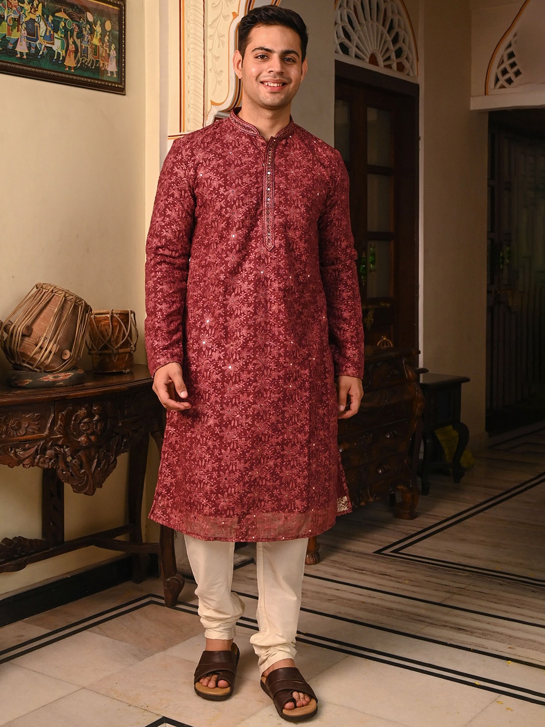 

Ethnic India Floral Embroidered Mirror Work Georgette Straight Kurta, Maroon