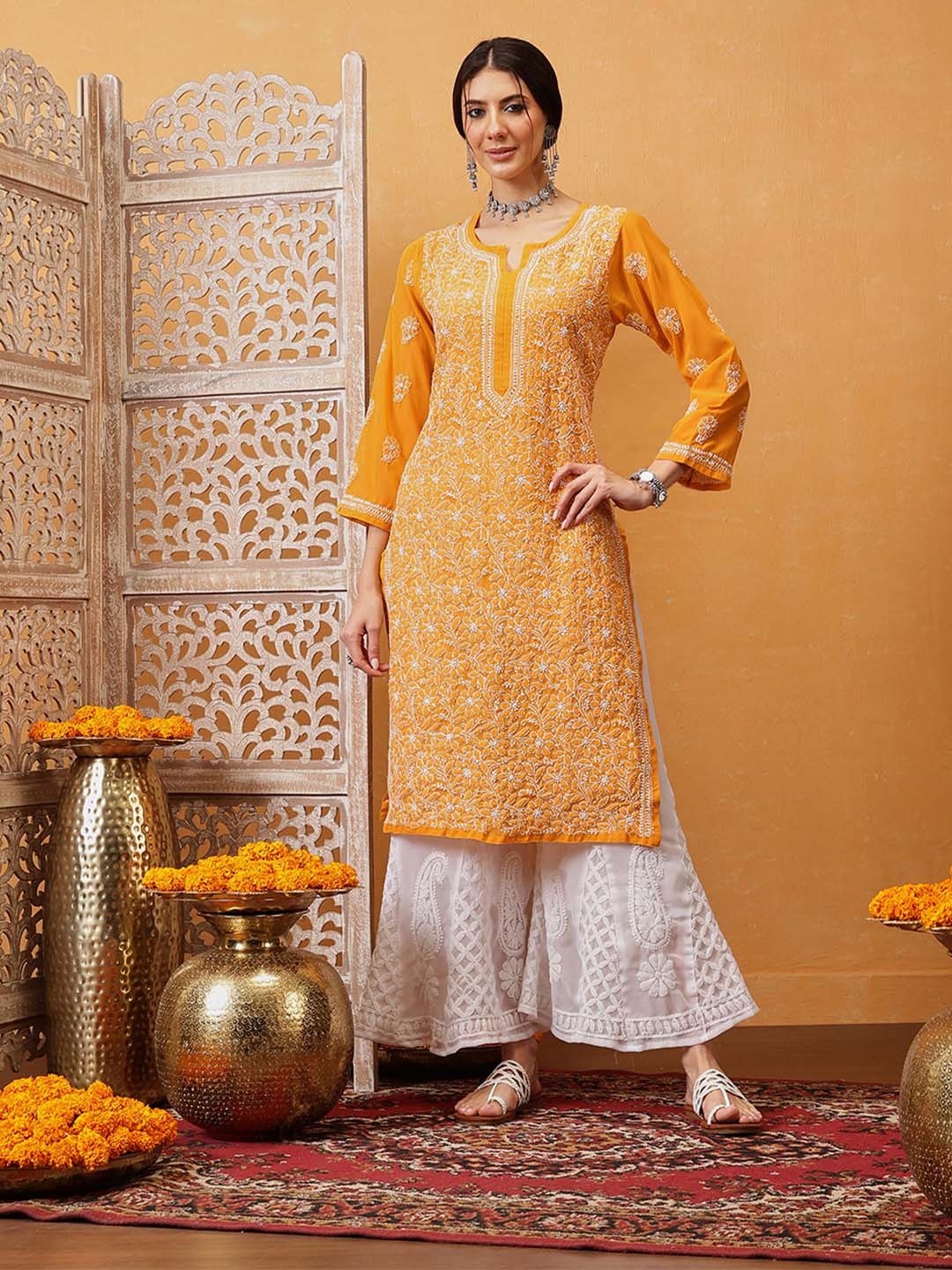 

ADA Ethnic Motifs Embroidered Lucknowi Chikankari Straight Kurta With Palazzos, Mustard