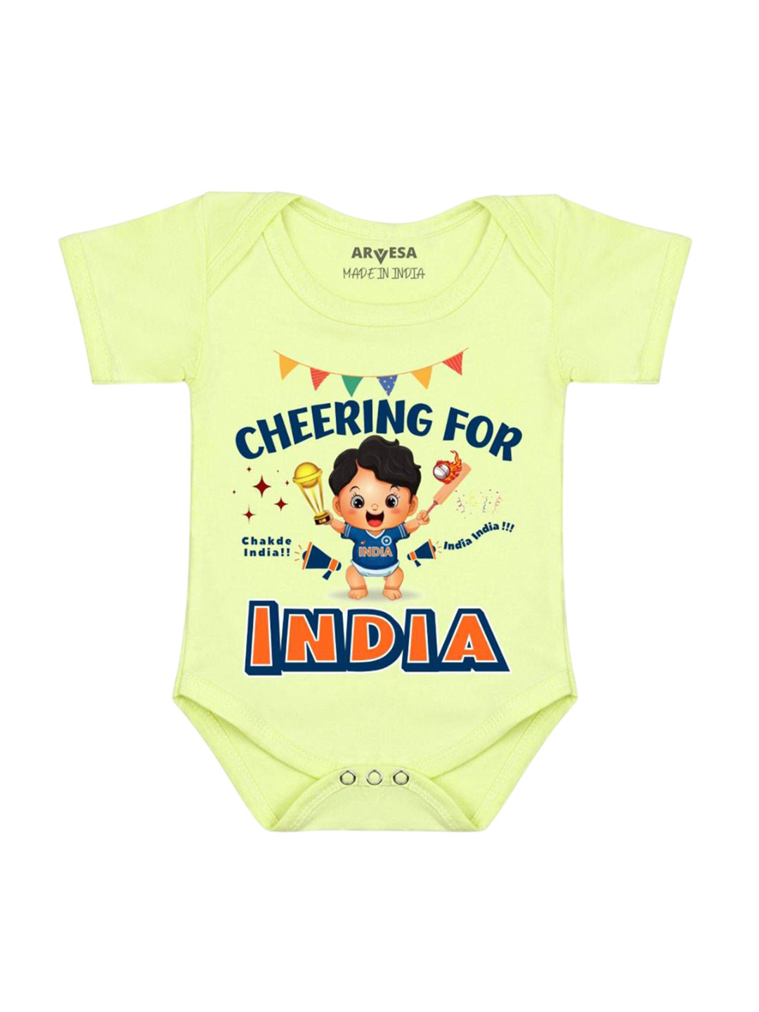 

Arvesa Kids Cheering For India Printed Romper, Yellow