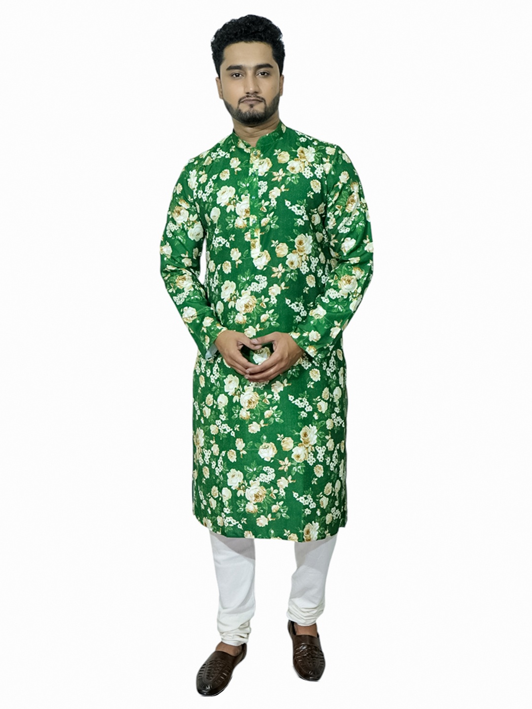 

Fabindia Floral Printed Pure Cotton Mandarin Collar Straight Kurta, Green