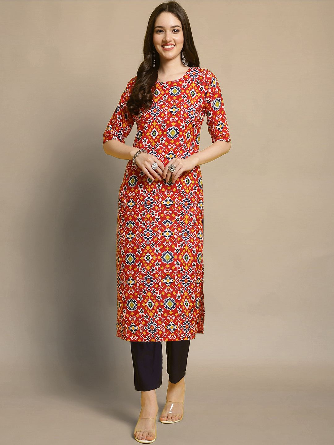 

Moda Rapido Ethnic Motifs Printed Straight Kurta with Trouser, Red