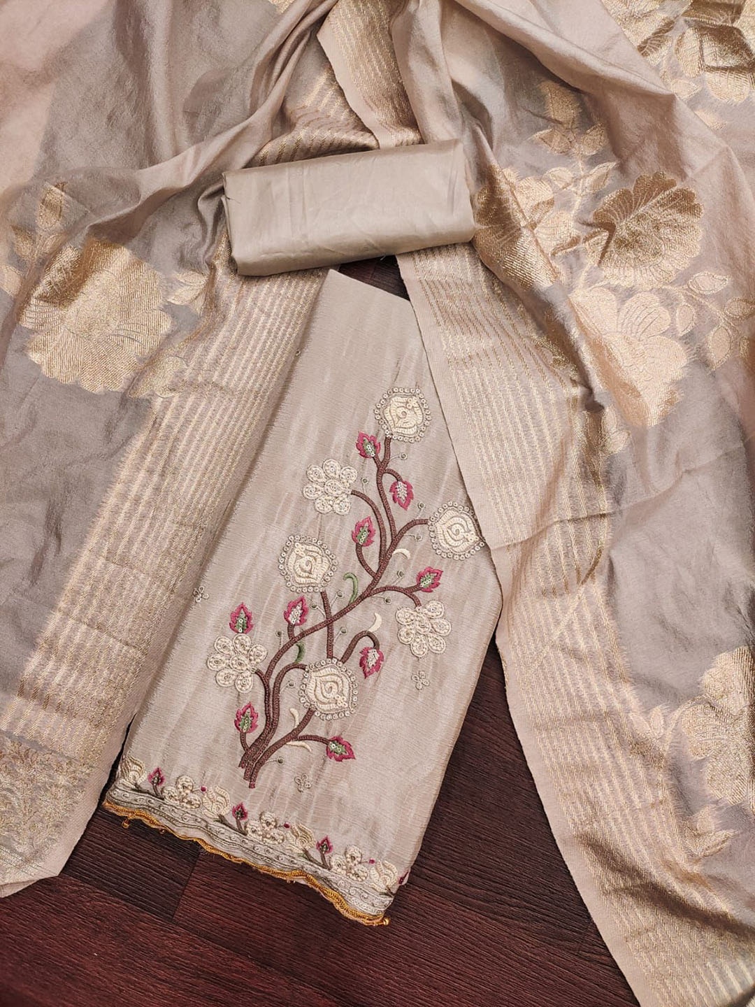 

Rangtulika Ethnics Floral Embroidered Thread Work Unstitched Dress Material, Cream