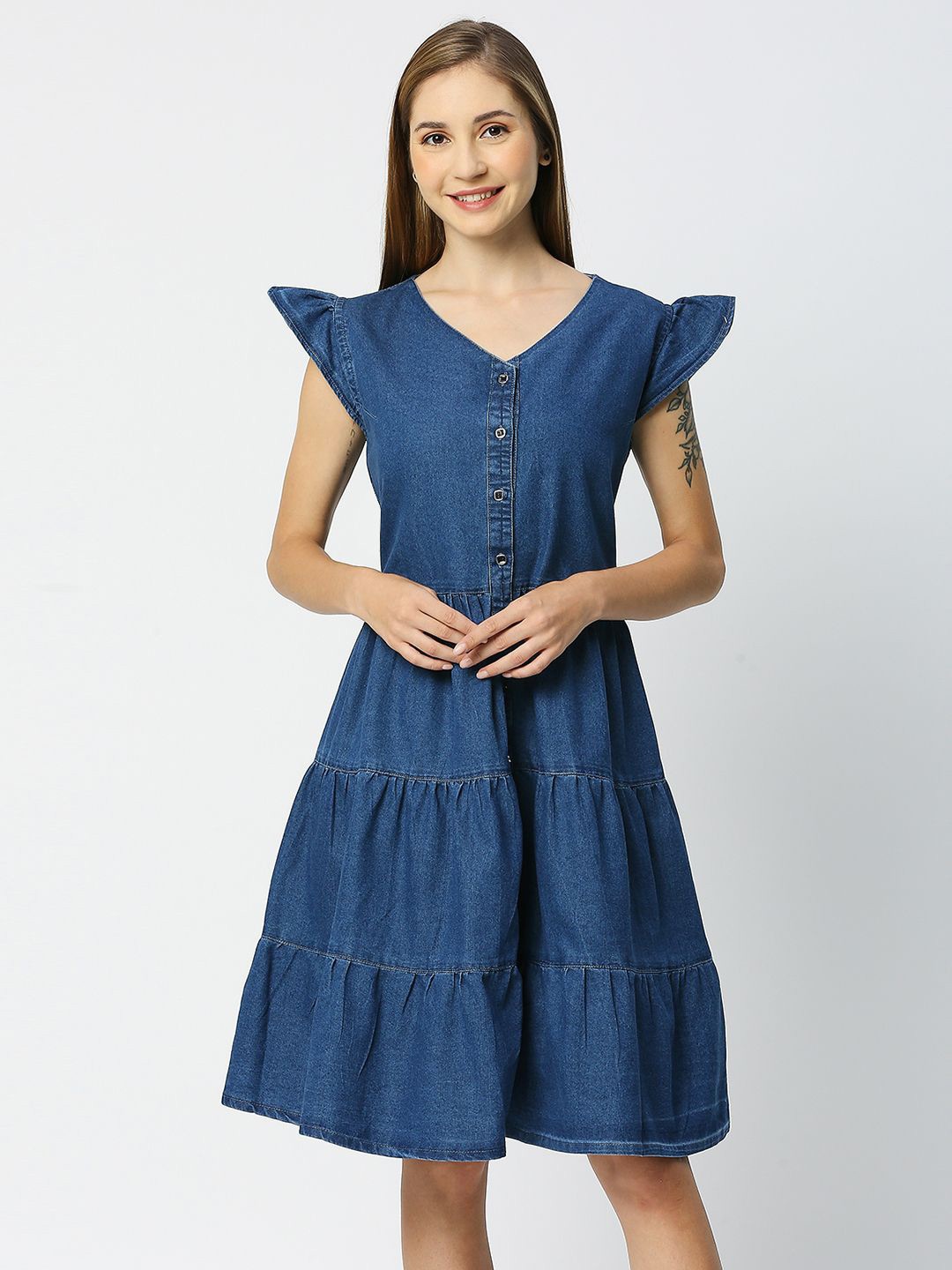 

CEFALU Denim Fit & Flare Midi Dress, Blue