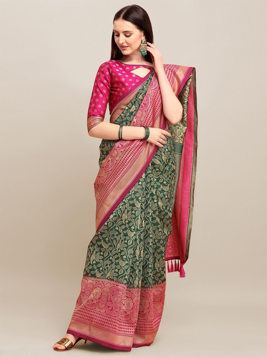 

DIVASTRI Floral Zari Art Silk Banarasi Saree, Green