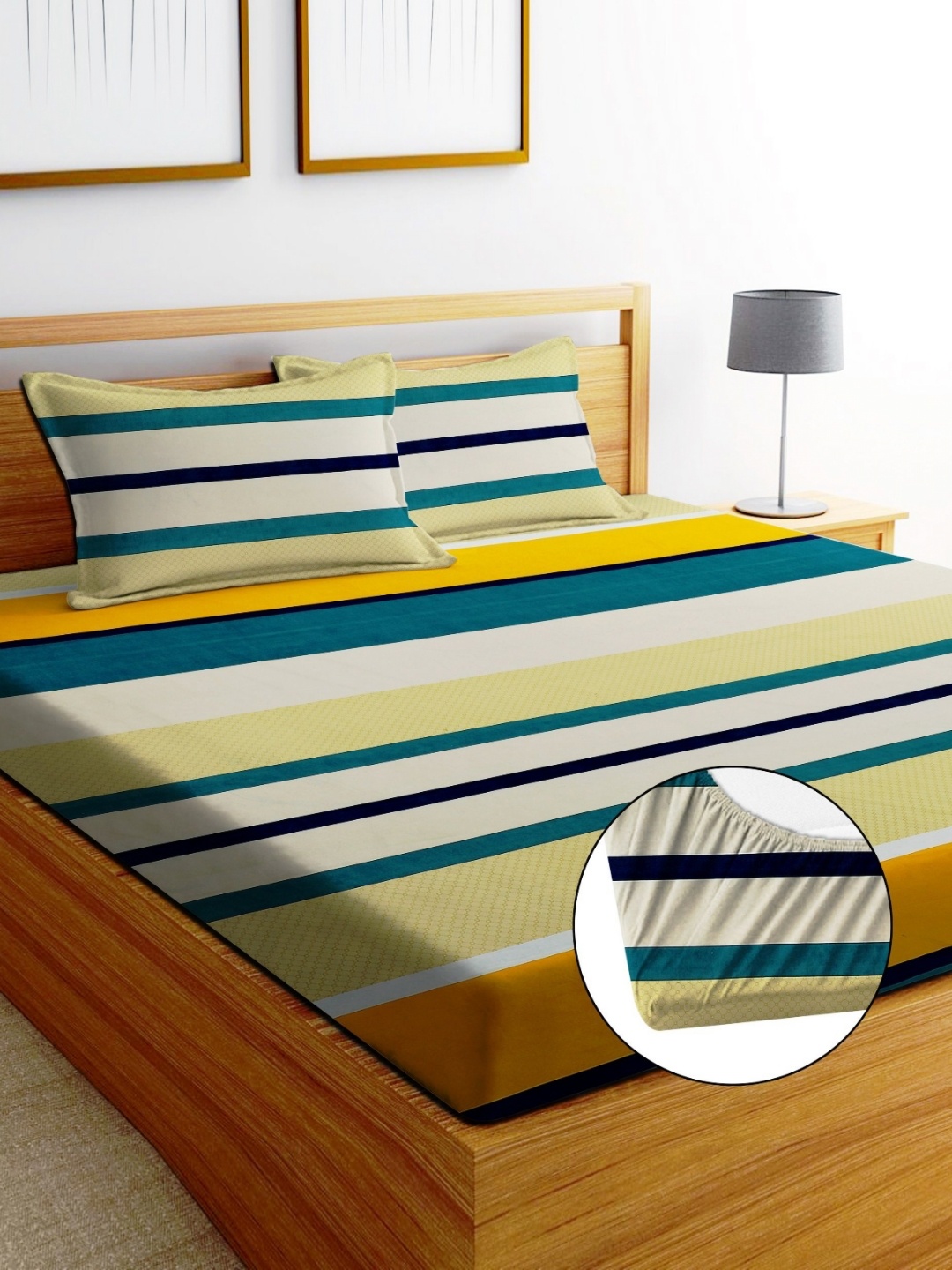 

EXFAB Yellow Striped Pure Cotton Fitted 244 TC King Bedsheet Set 1.98 m x 1.82 m