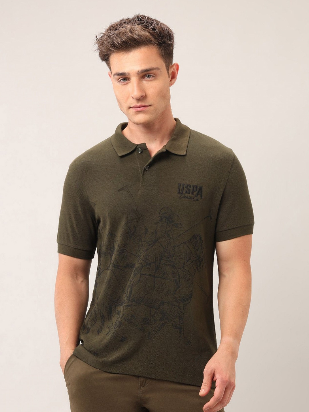

U.S. Polo Assn. Denim Co. Men Brand Logo Printed Polo Collar Slim Fit T-shirt, Green