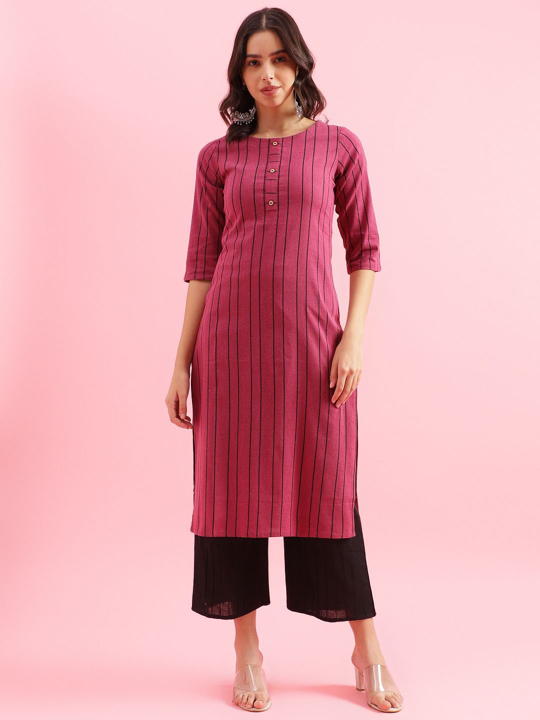 

KALINI Striped Round Neck Three-Quarter Sleeves Straight Kurta, Pink