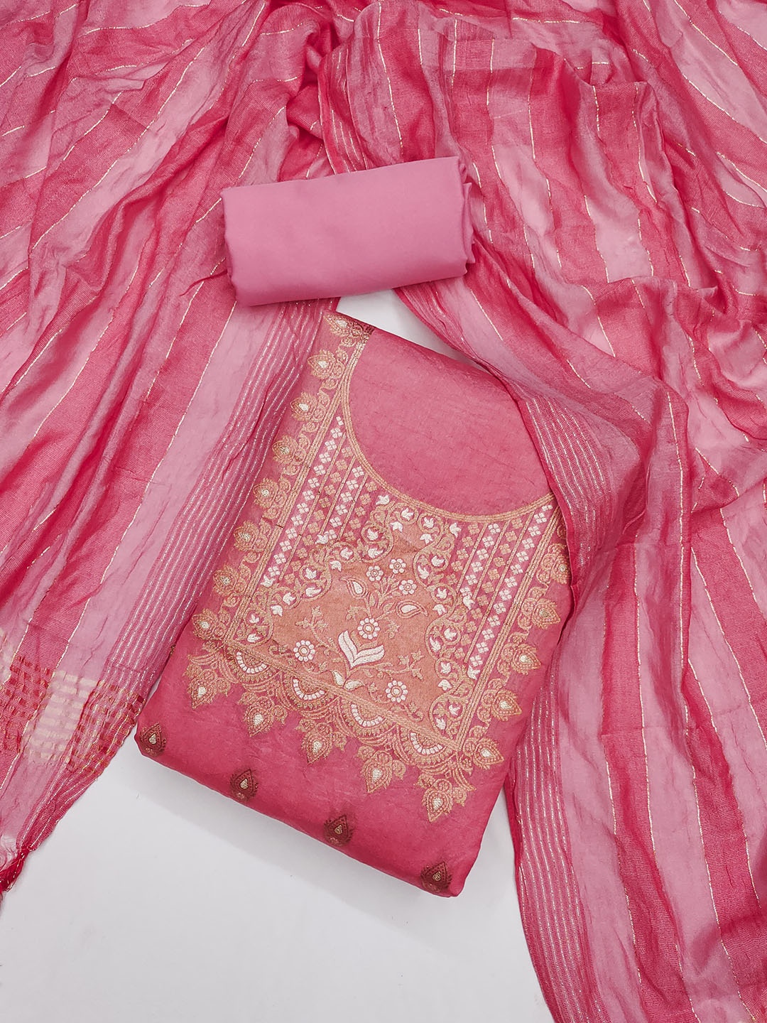 

Rangtulika Ethnics Ethnic Motifs Woven Design Zari Work Unstitched Dress Material, Pink
