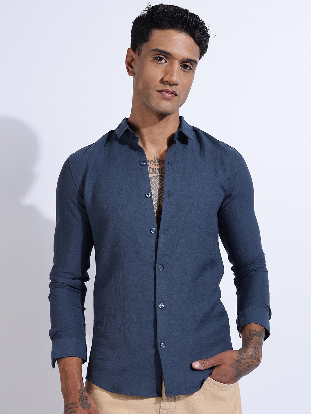 

THE BEETEL HOUSE Men Lucas Look Linen Regular Slim Fit Casual Shirt, Blue