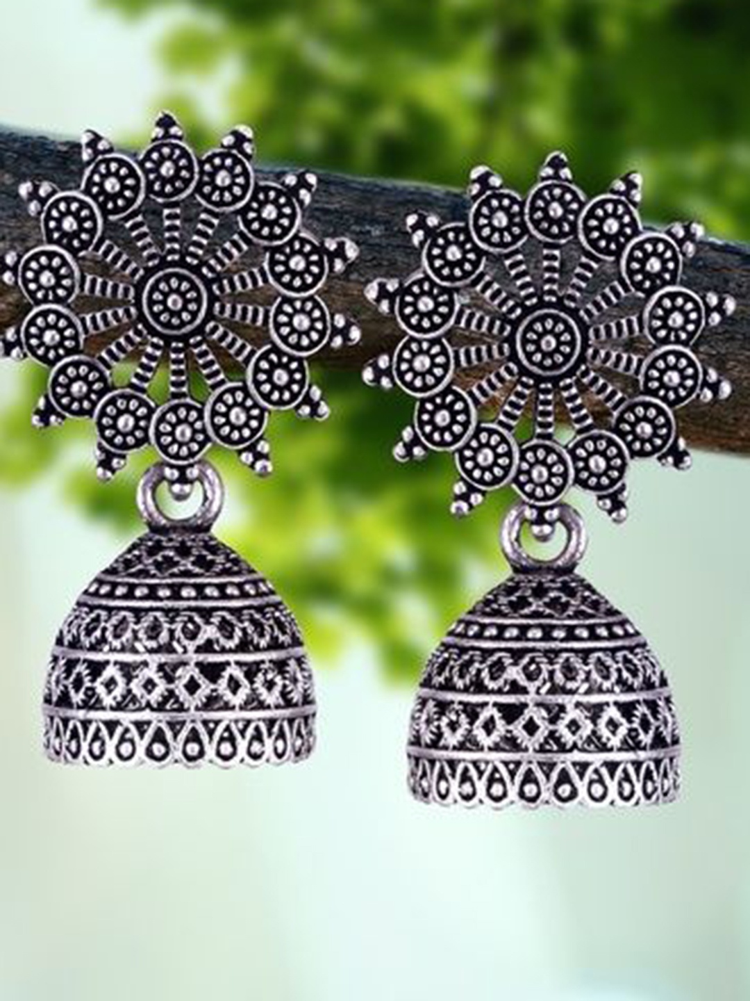 

DIVASTRI Set Of 5 Silver-Plated Dome Shaped Oxidized Jhumkas