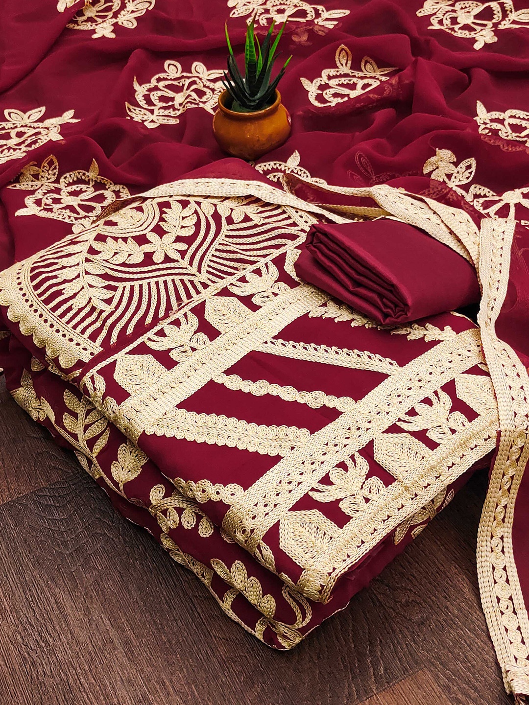 

SAINOOR Embroidered Zari Silk Georgette Unstitched Dress Material, Maroon