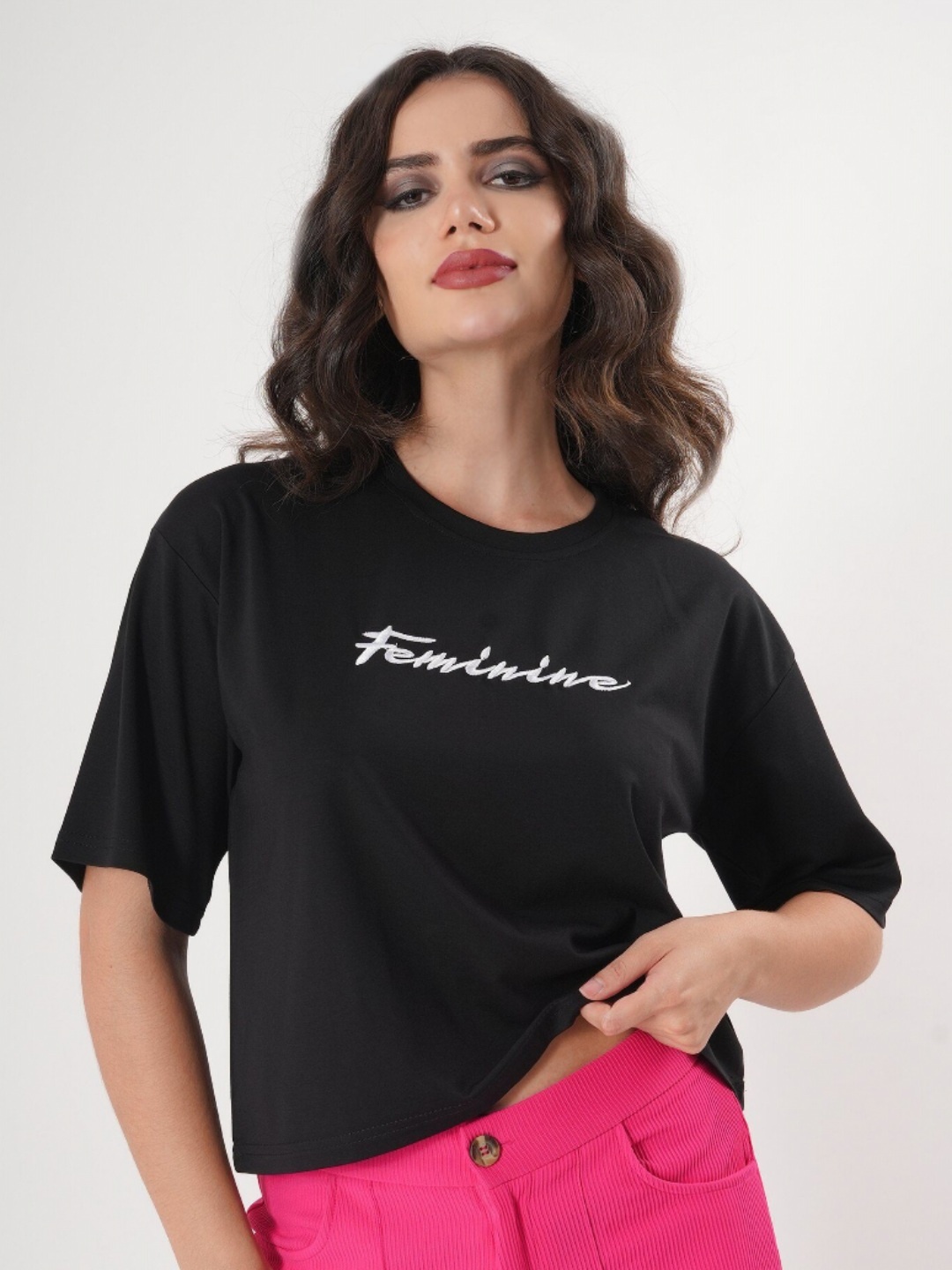 

clobug Women Typography Printed Pockets T-shirt, Black