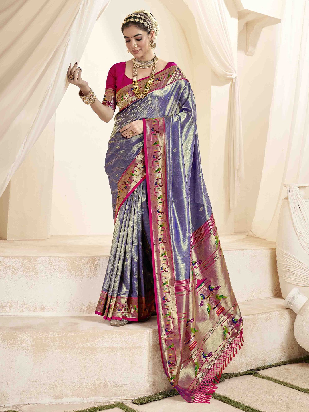 

Blissta Woven Design Zari Silk Blend Handloom Paithani Saree, Lavender