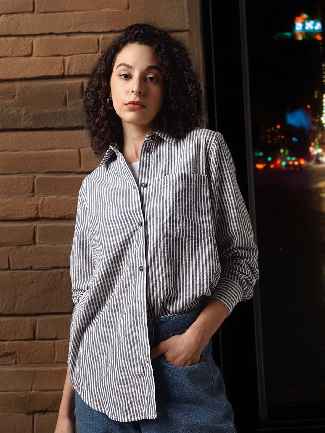 

Hubberholme Women Oversized Fit Striped Casual Shirt, Multi