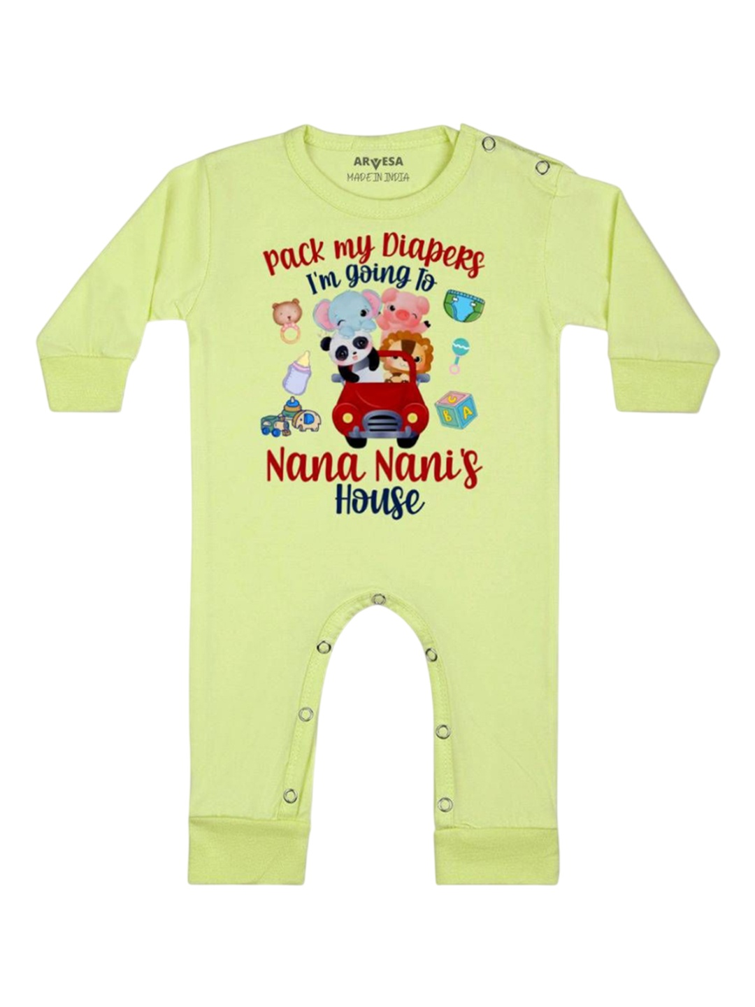 

Arvesa Kids I Am Going To Nana Nani House Printed Baby Romper, Yellow