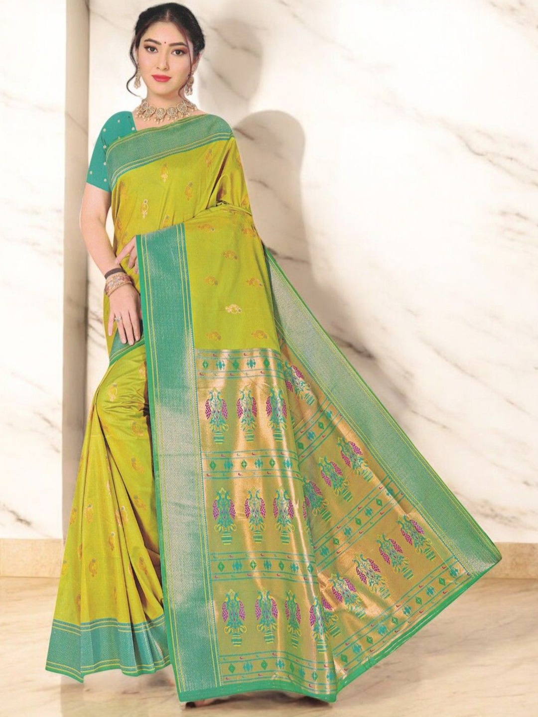 

SHOPPKEE Ethnic Motifs Zari Silk Blend Designer Banarasi Saree, Green