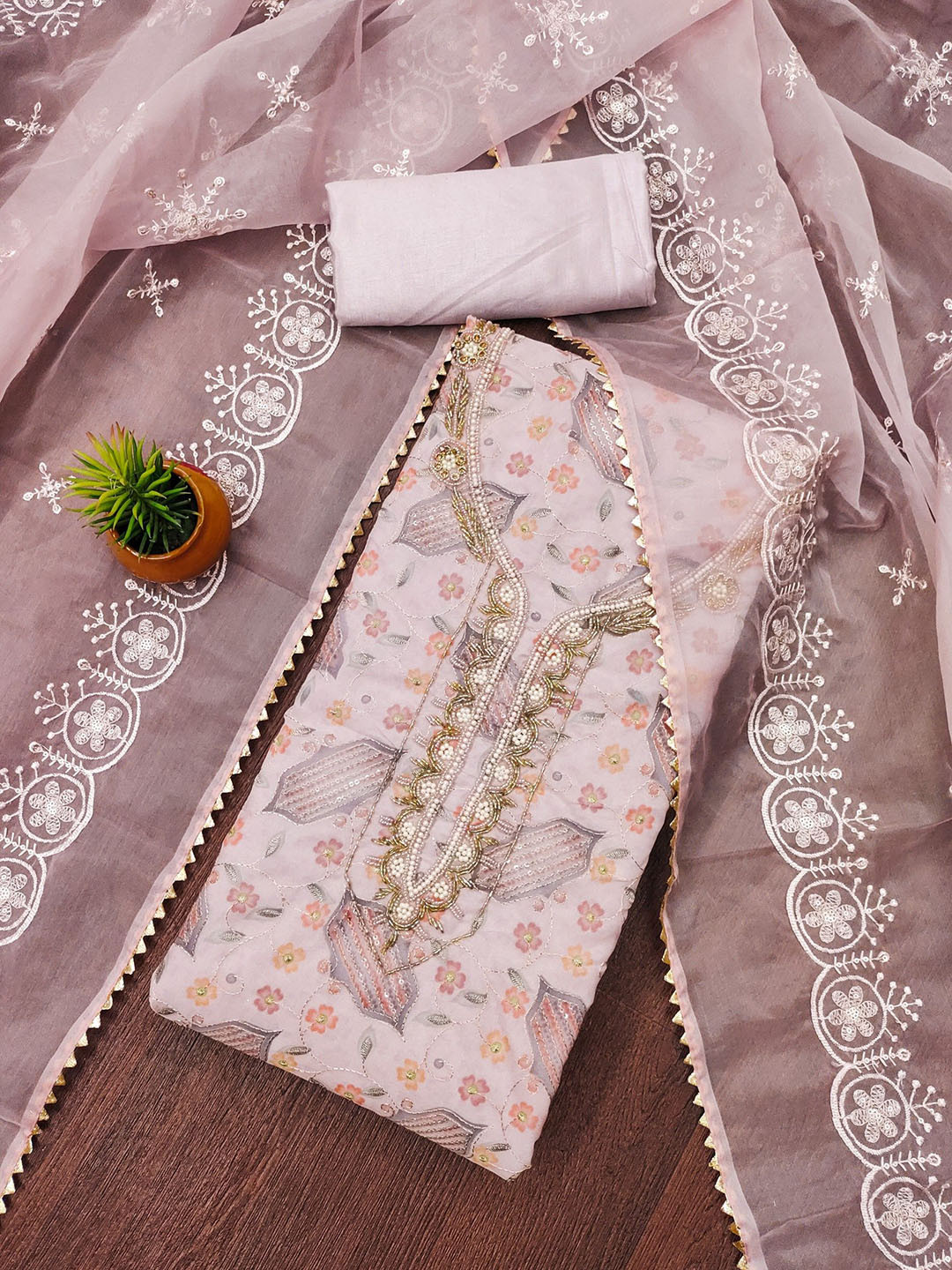

Rangtulika Floral Printed Beads And Stones Organza Unstitched Dress Material, Lavender