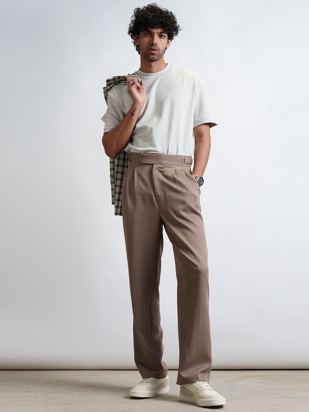 

FREAKINS Men Mocha Mousse Buckle Detail Korean Pants, Camel brown