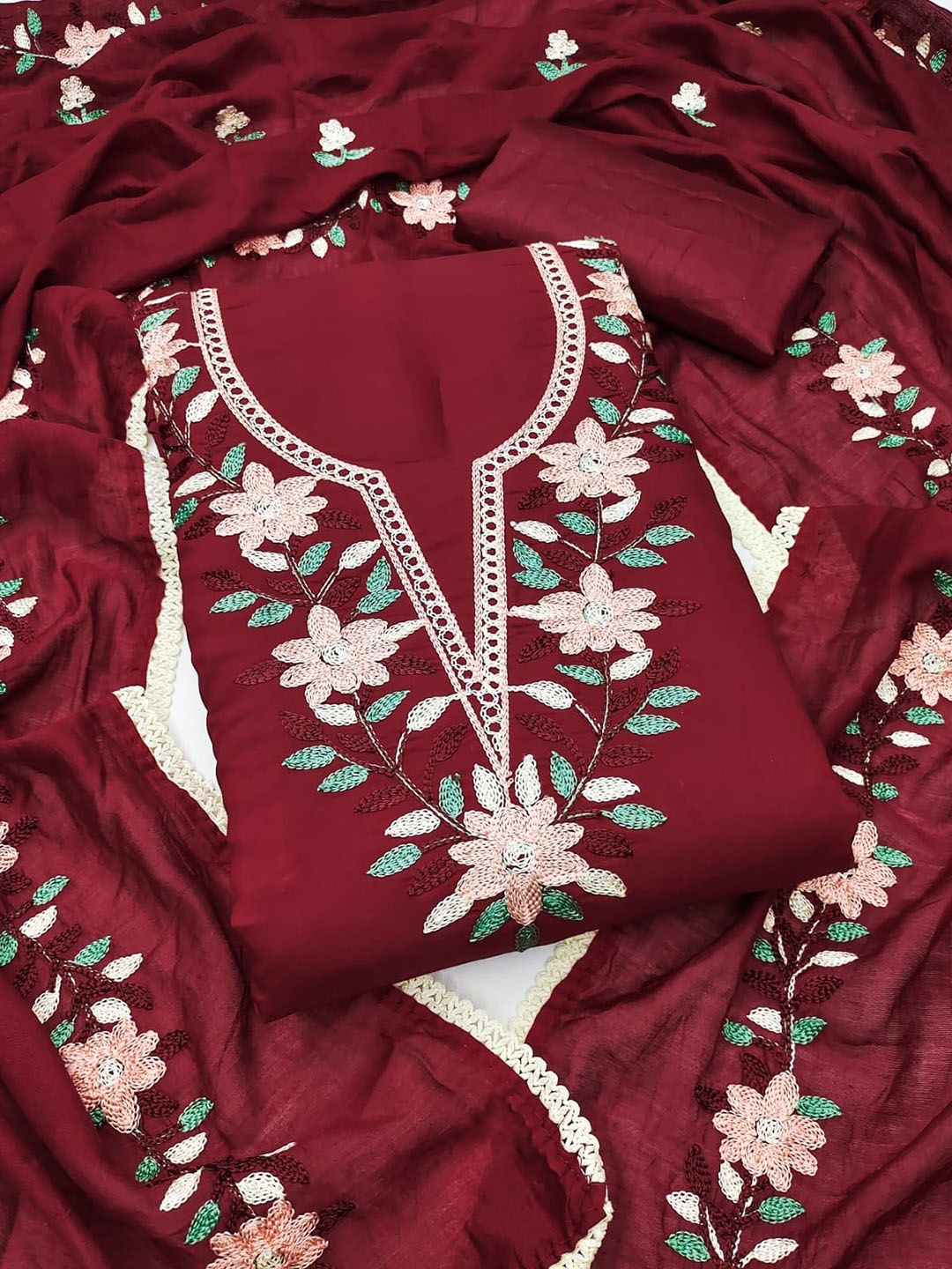 

Rangtulika Ethnics Floral Embroidered Unstitched Dress Material, Maroon