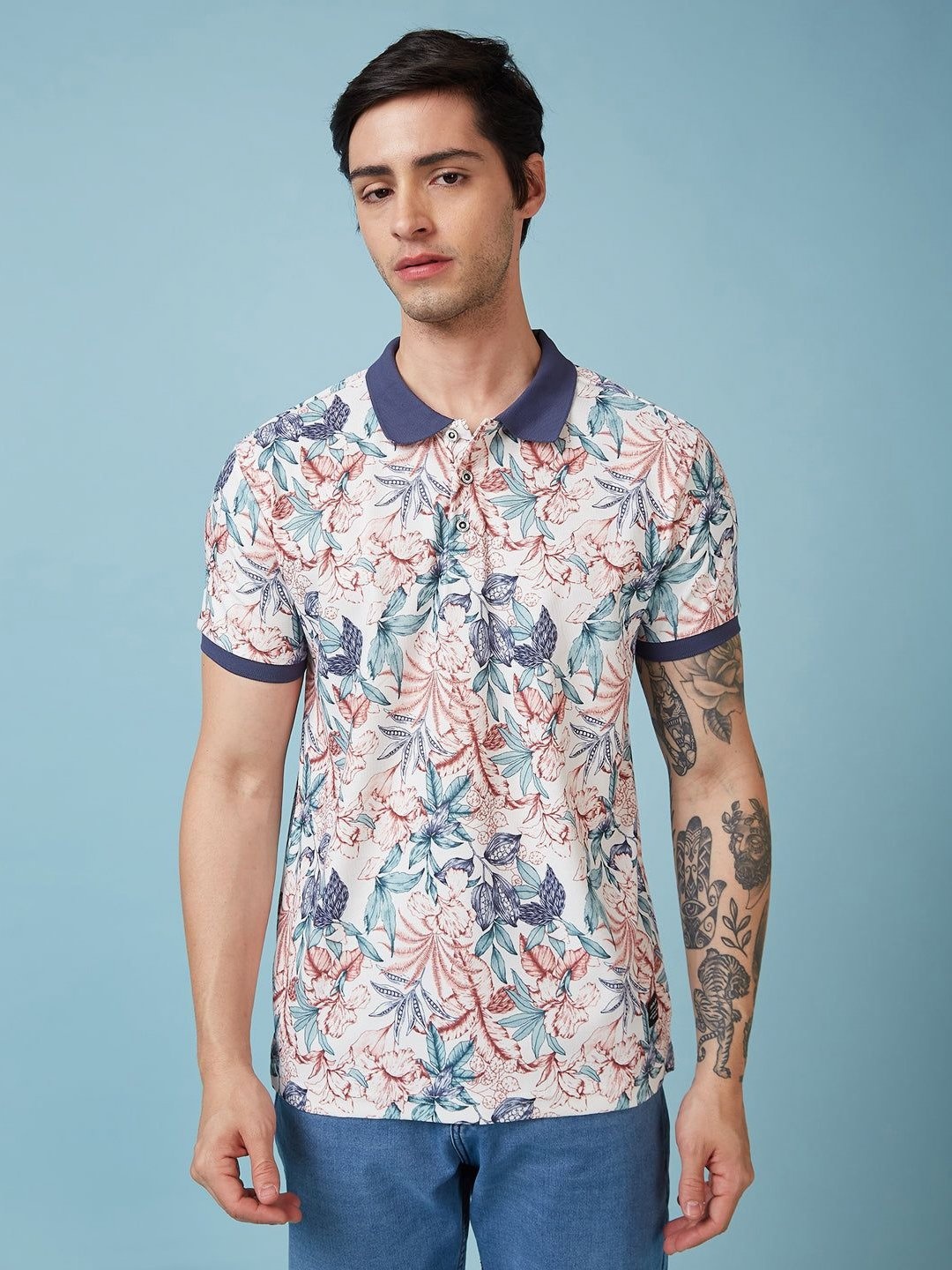 

Status Quo Men Floral Printed Polo Collar Regular Fit T-shirt, White
