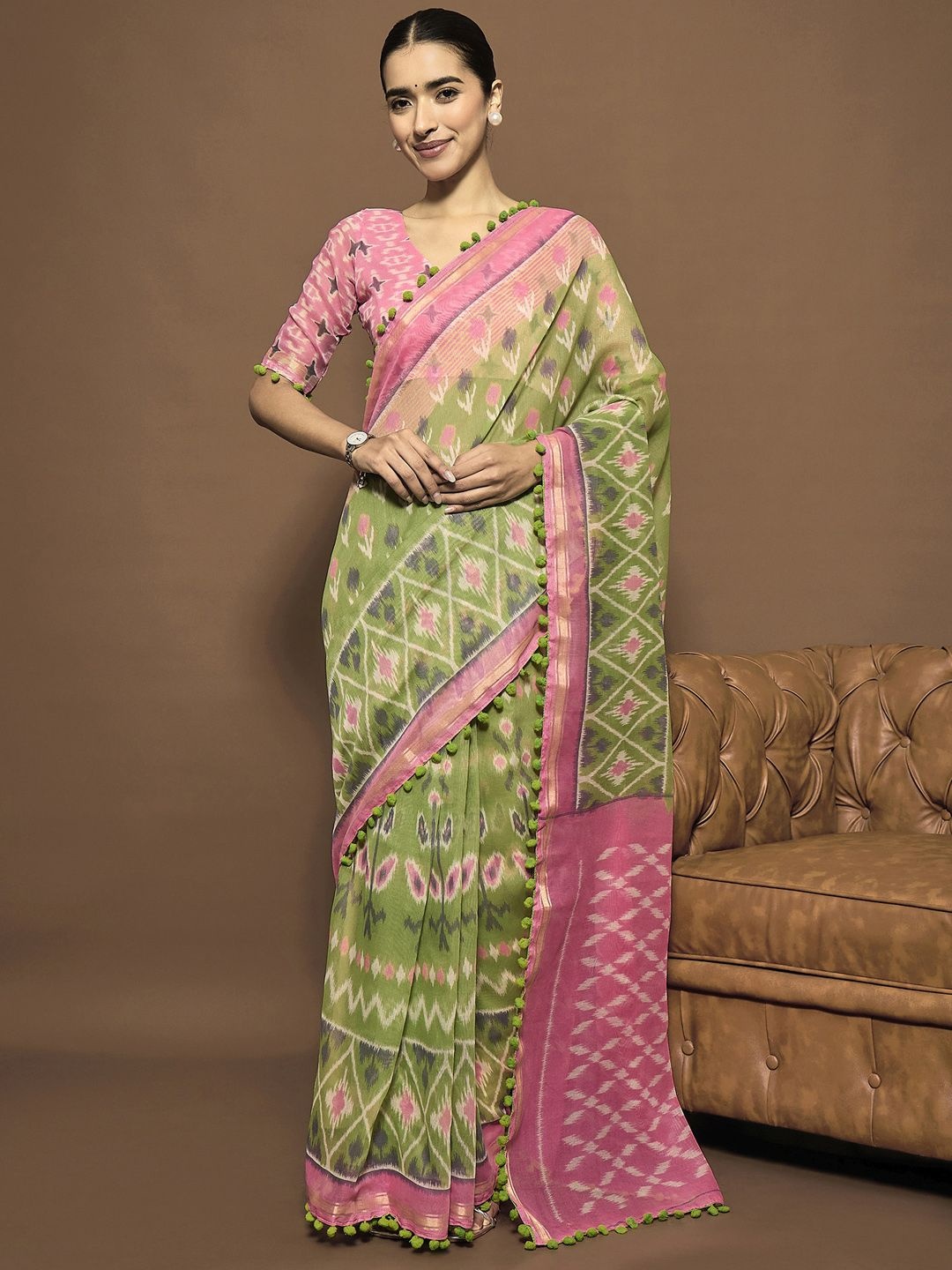 

Mitera Ethnic Motifs Zari Ready to Wear Ikat Saree, Green