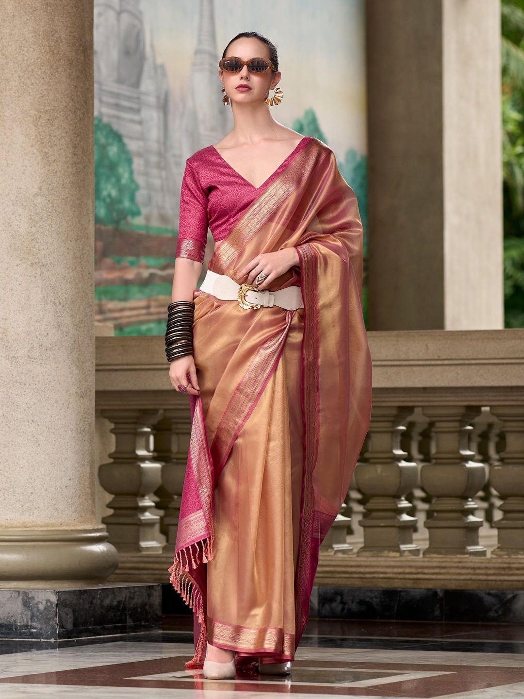 

KIMISHA Woven Design Zari Linen Blend Handloom Saree, Rust