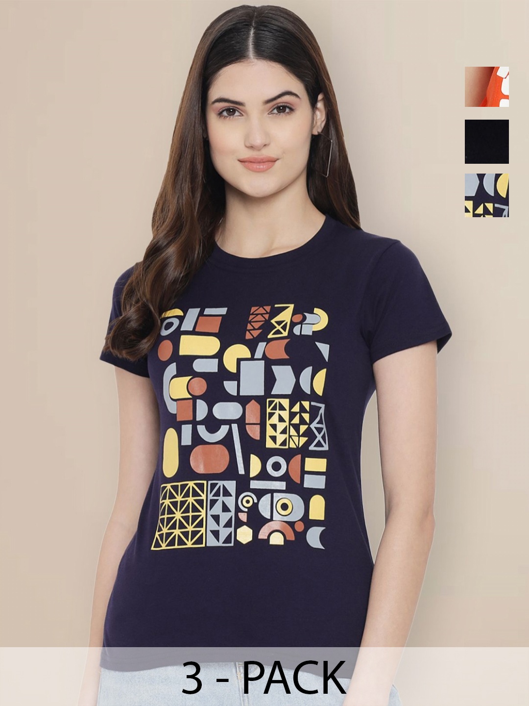 

Metronaut Women Pack of 3 Mickey Mouse Graphic Printed Round Neck Cotton T-shirts, Navy blue