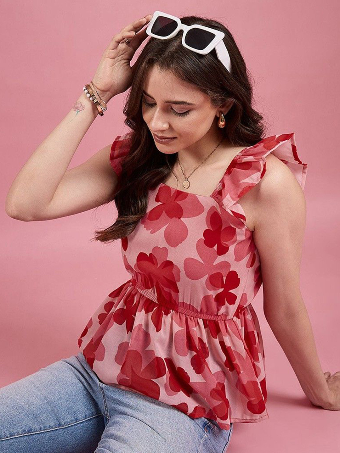 

Raiyani Enterprise Floral Print Flutter Sleeve Applique Crepe Crop Top, Red