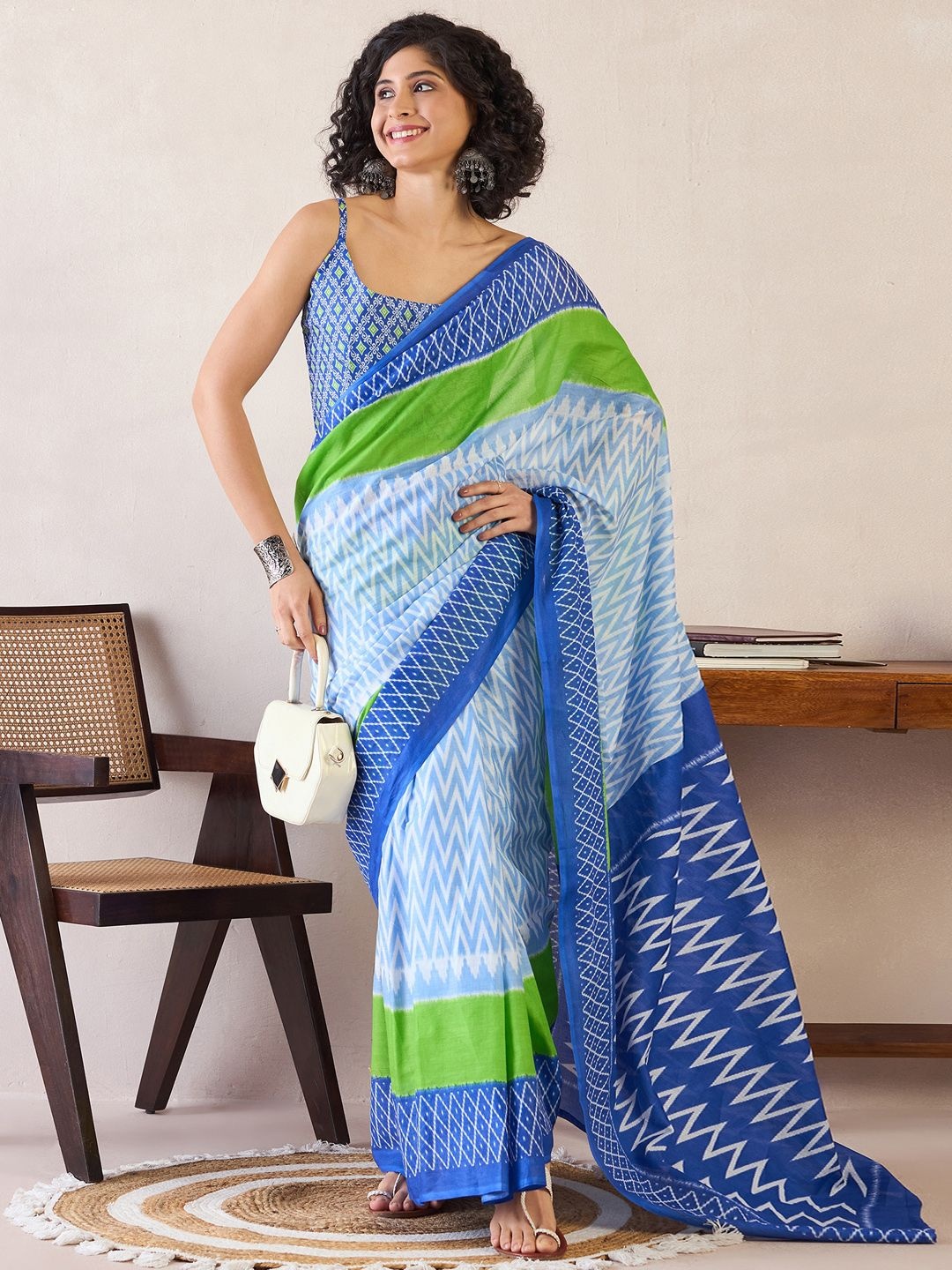 

Mitera Ethnic Motifs Ready to Wear Ikat Saree, Blue