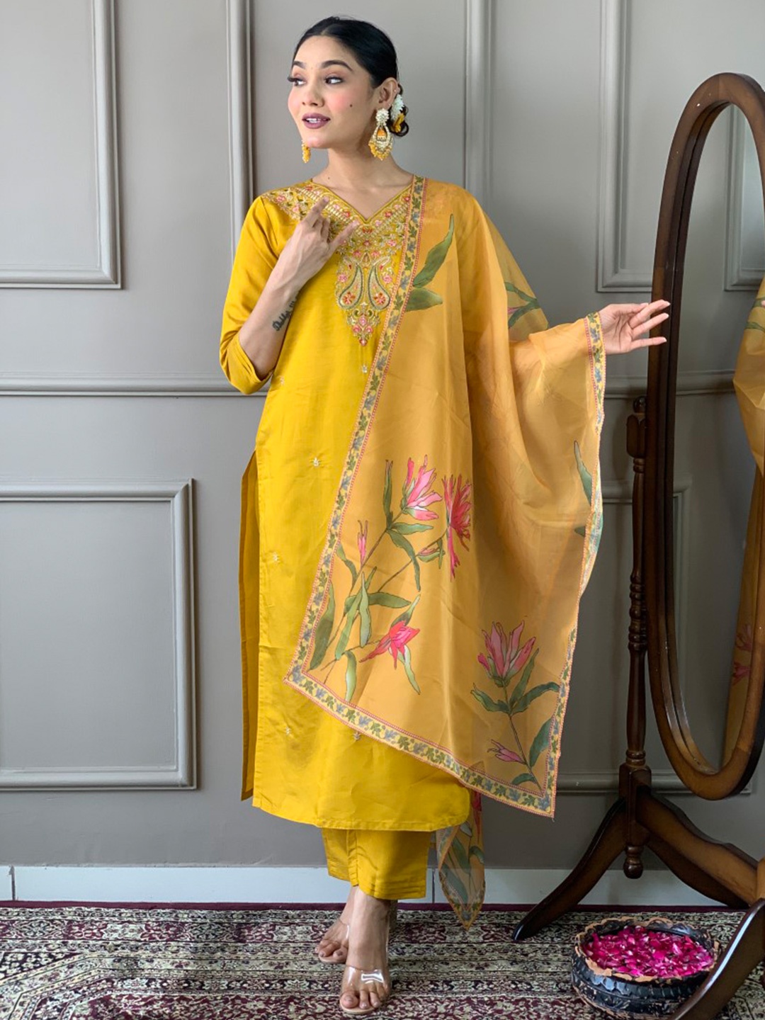 

Moda Rapido Women Floral Yoke Design Regular Thread Work Kurta with Trousers & With Dupatta, Yellow