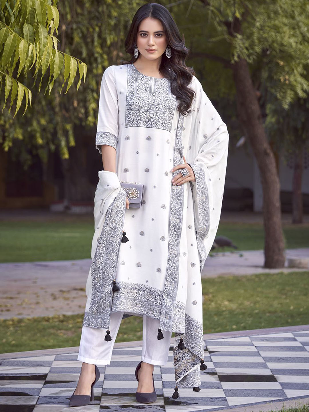 

KALINI Women Ethnic Motifs Regular Kurta with Trousers & With Dupatta, White