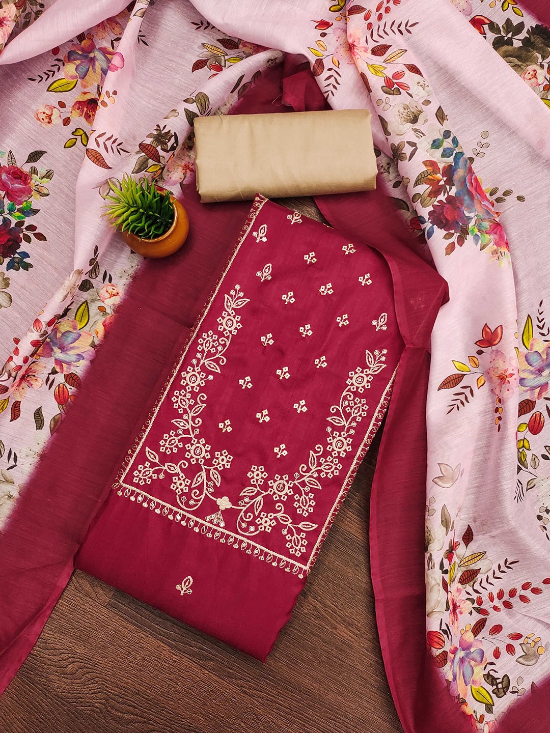 

MANVAA Embellished Unstitched Dress Material, Red