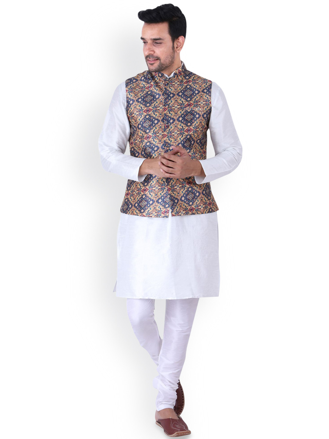 

Sadree Mandarin Collar Dupion Silk Kurta And Churidar With Nehru Jacket Set, White