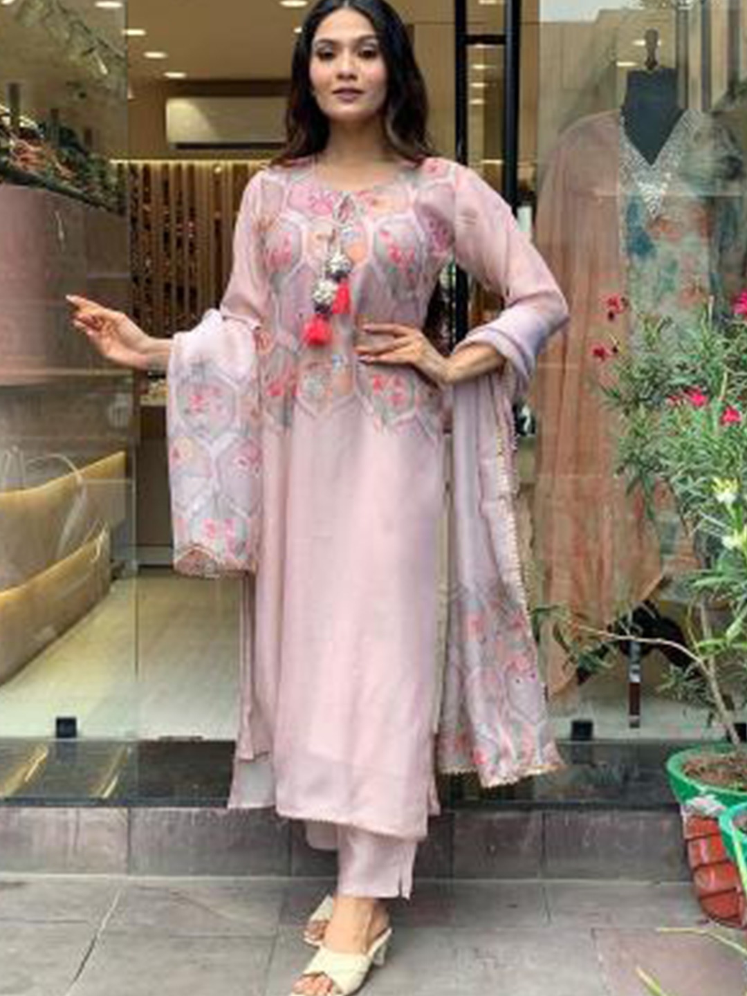 

Moda Rapido Women Floral Embroidered Regular Kurta with Trousers & With Dupatta, Peach