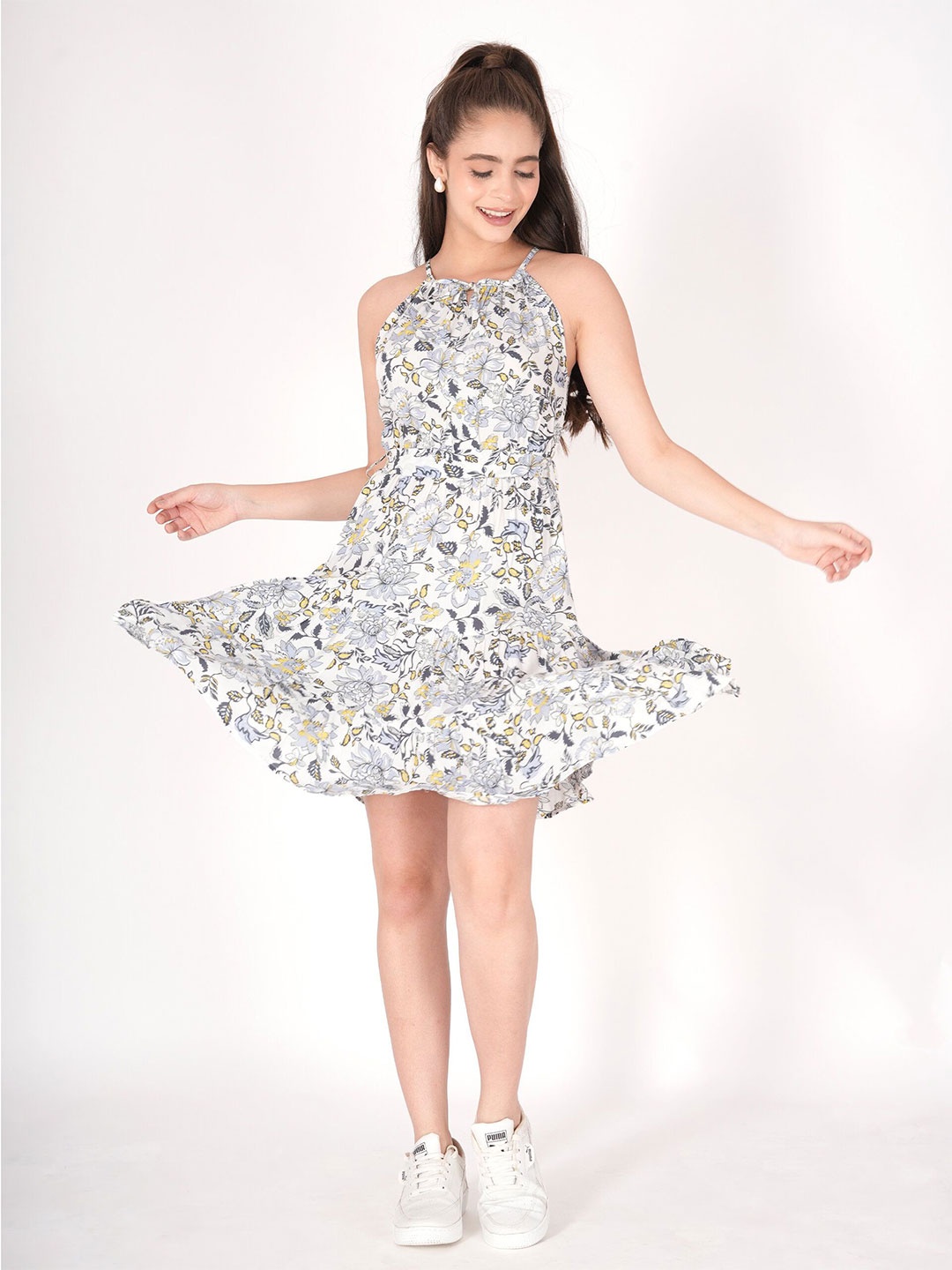 

clobug Floral Print Halter Neck Chiffon A-Line Dress, Blue