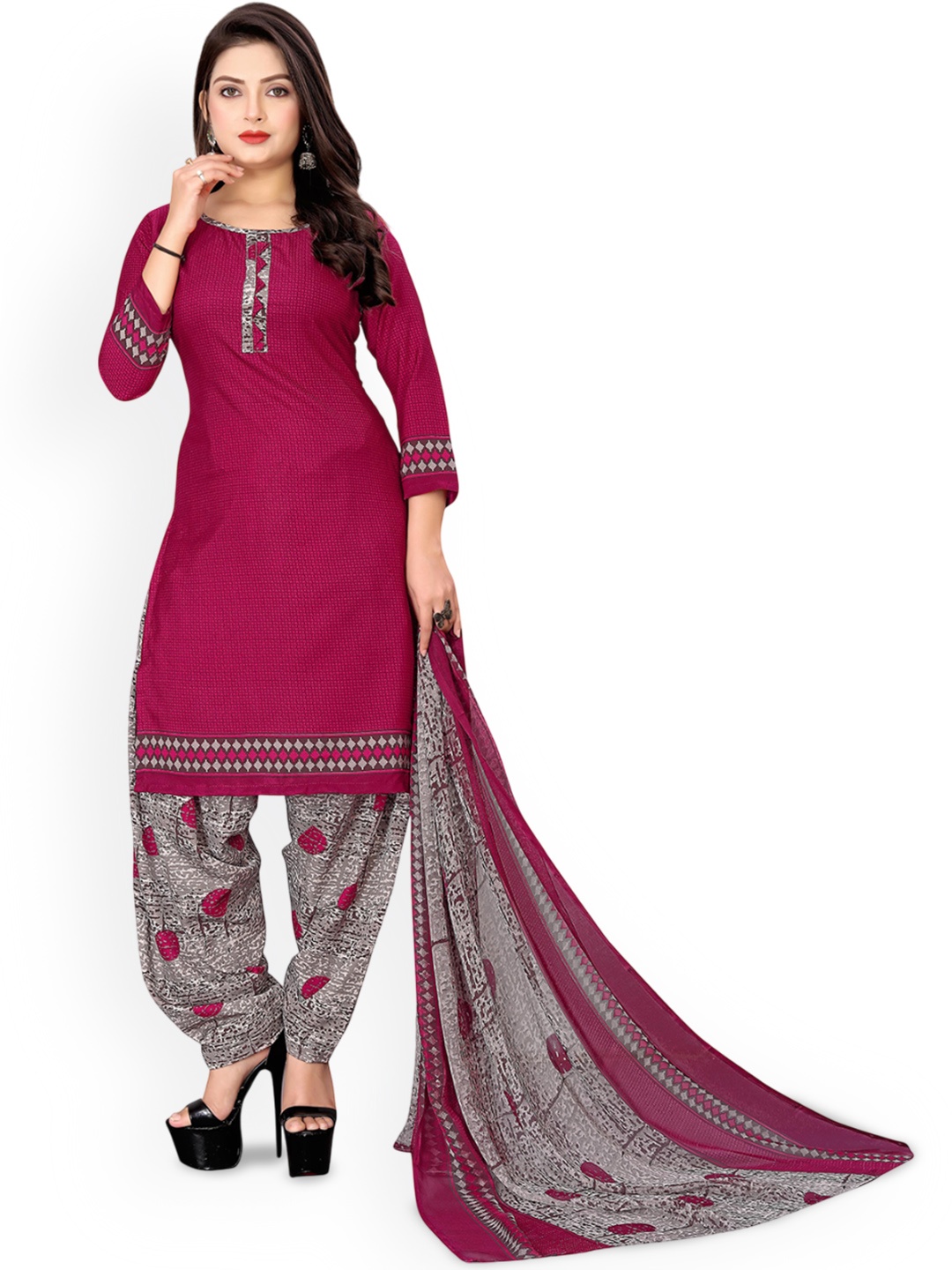 

Styleveda Geometric Printed Unstitched Dress Material, Maroon