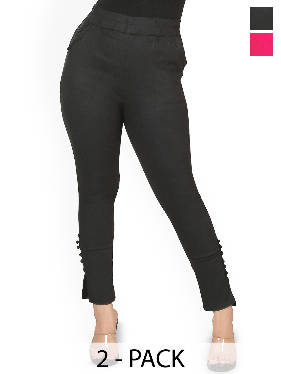 

Fessist Pack of 2 Women Cotton Relaxed Slim Fit Easy Wash Pleated Trousers, Black