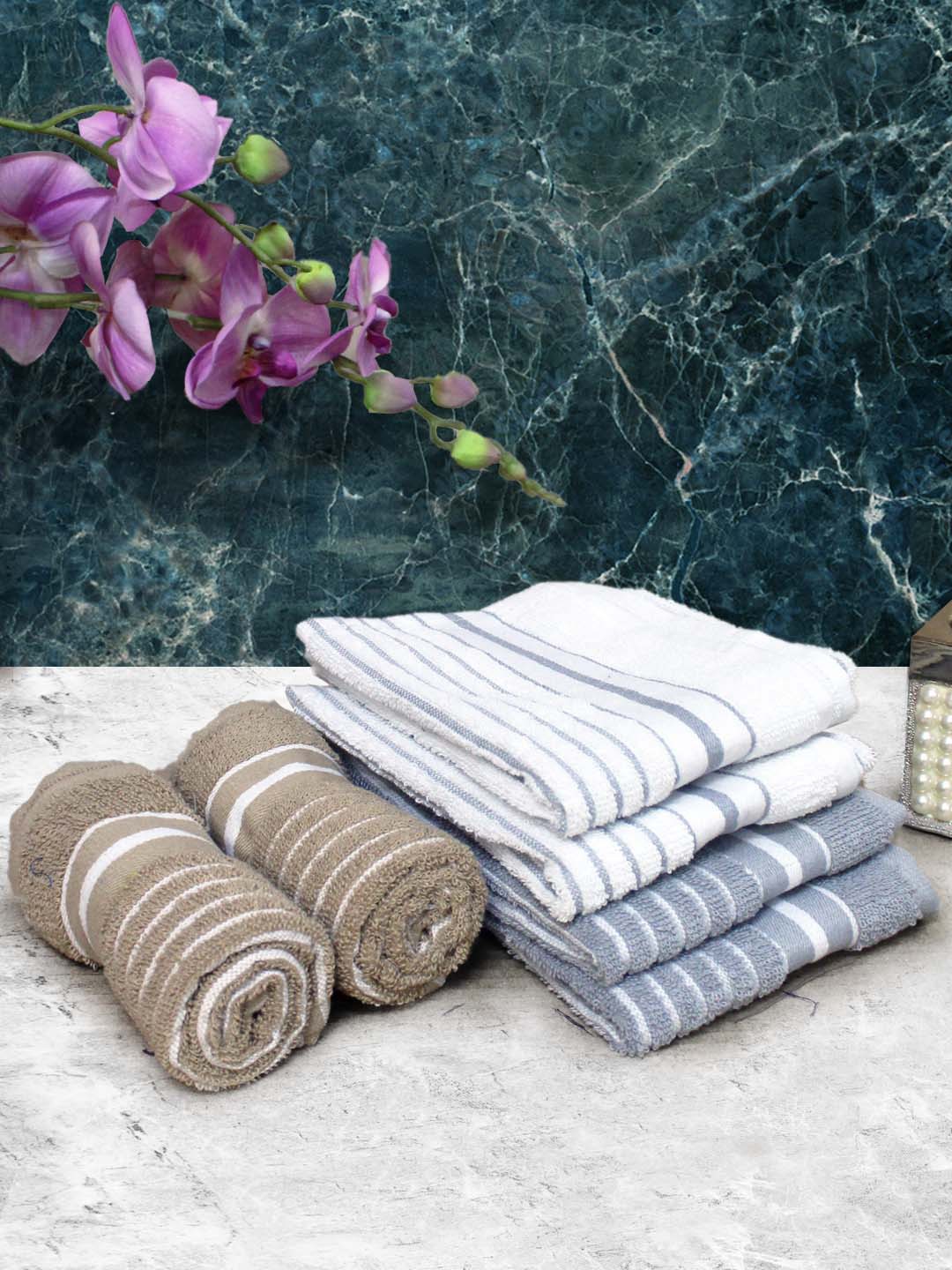 

Aura Brown & White 6 Pieces Striped Pure Cotton Super Absorbent & Quick Dry Hand Towels