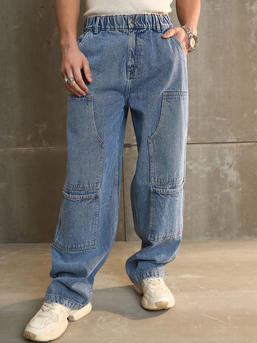 

MASCLN SASSAFRAS Men Pure Cotton Light Fade Acid Wash Jeans, Navy blue