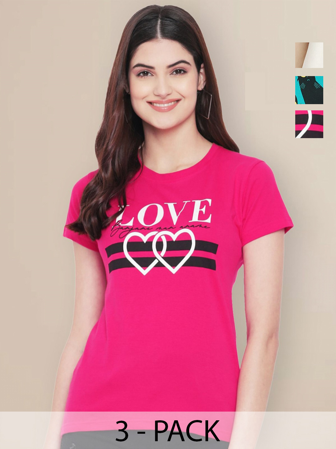 

Metronaut Women Pack of 3 Graphic Printed Round Neck Cotton T-shirts, Pink