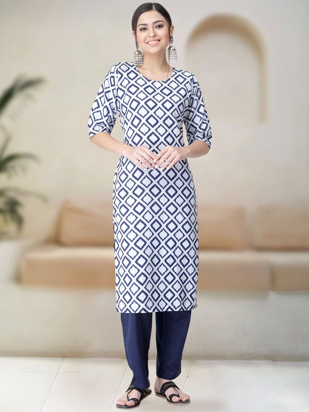 

Moda Rapido Geometric Printed Straight Kurta with Trouser, White