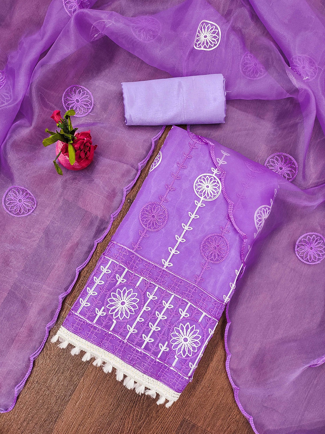 

SAINOOR Floral Embroidered Organza Semi-Stitched Dress Material, Purple