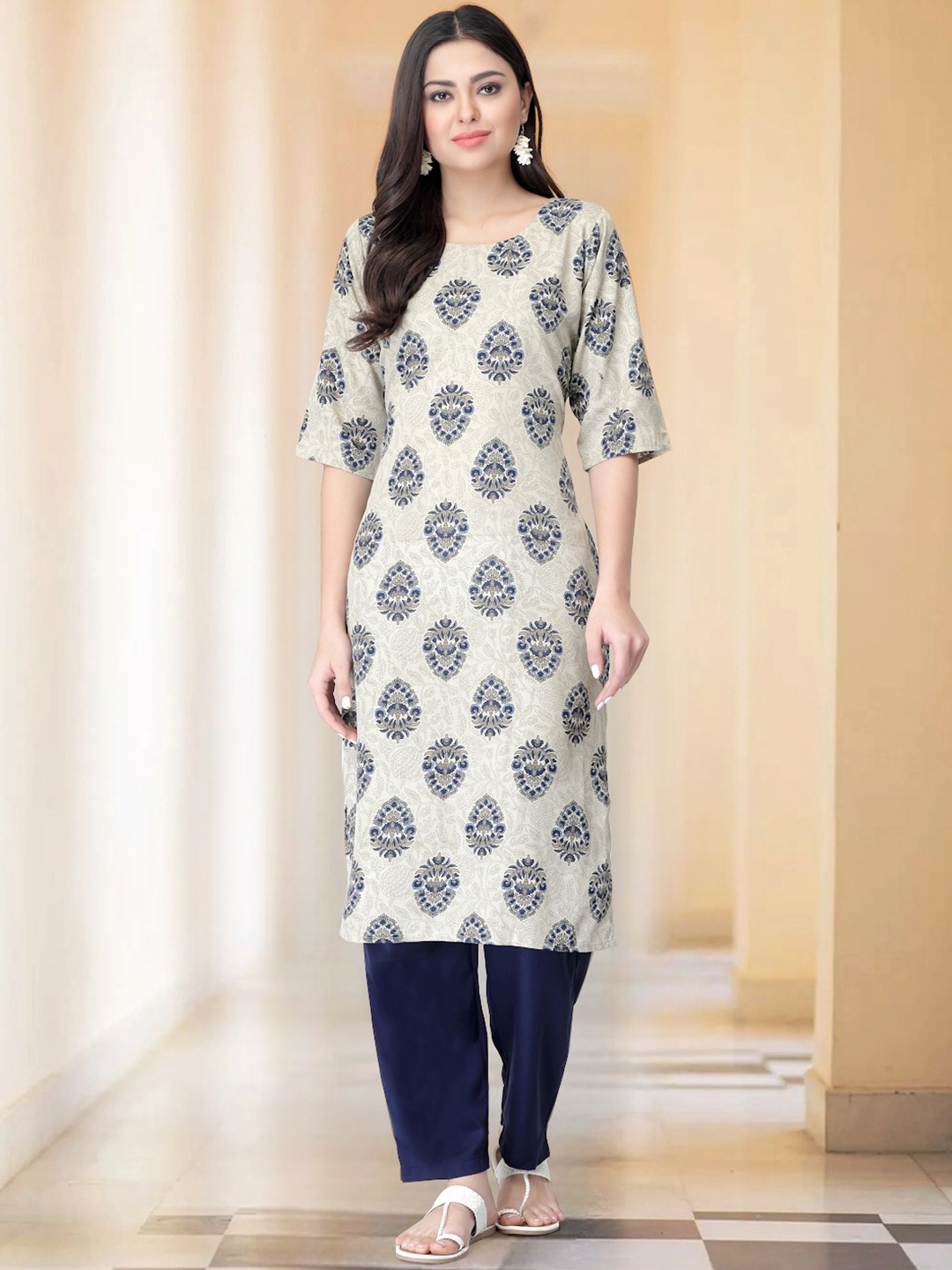 

Moda Rapido Floral Printed Round Neck Straight Kurta with Trousers, Cream