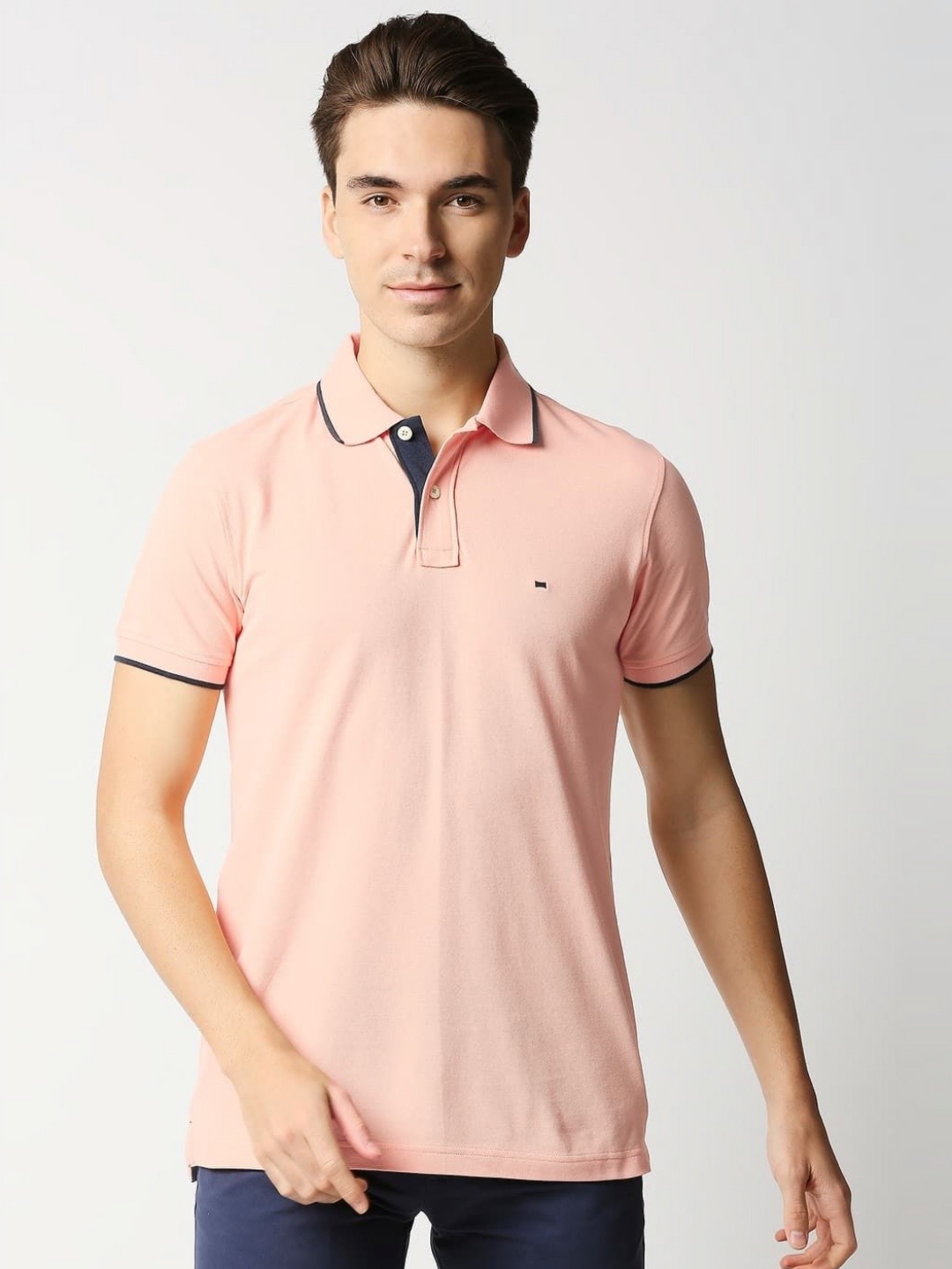 

Basics Men Floral Polo Collar Pockets Slim Fit T-shirt, Peach