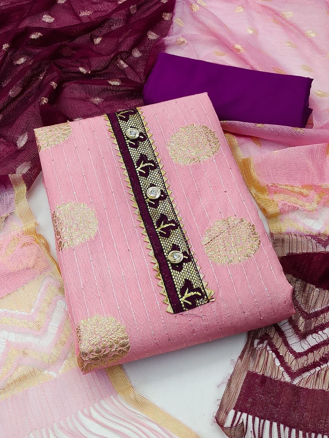 

Rangtulika Floral Woven Design Sequinned Banarasi Unstitched Dress Material, Pink
