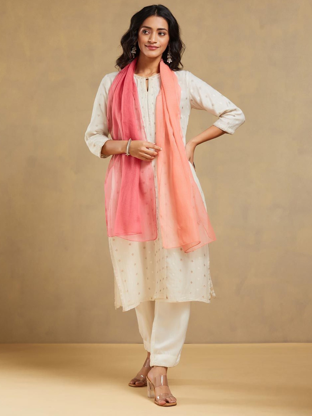 

Fabindia Women Checked Stole, Peach