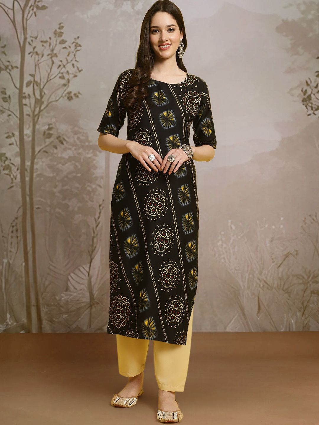 

Moda Rapido Bandhani Printed Straight Kurta with Trousers, Black