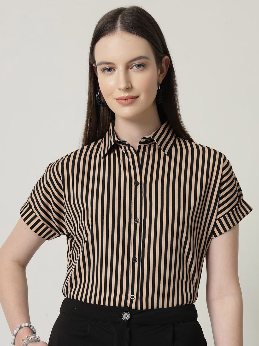 

Style Quotient Women Smart Opaque Striped Formal Shirt, Nude