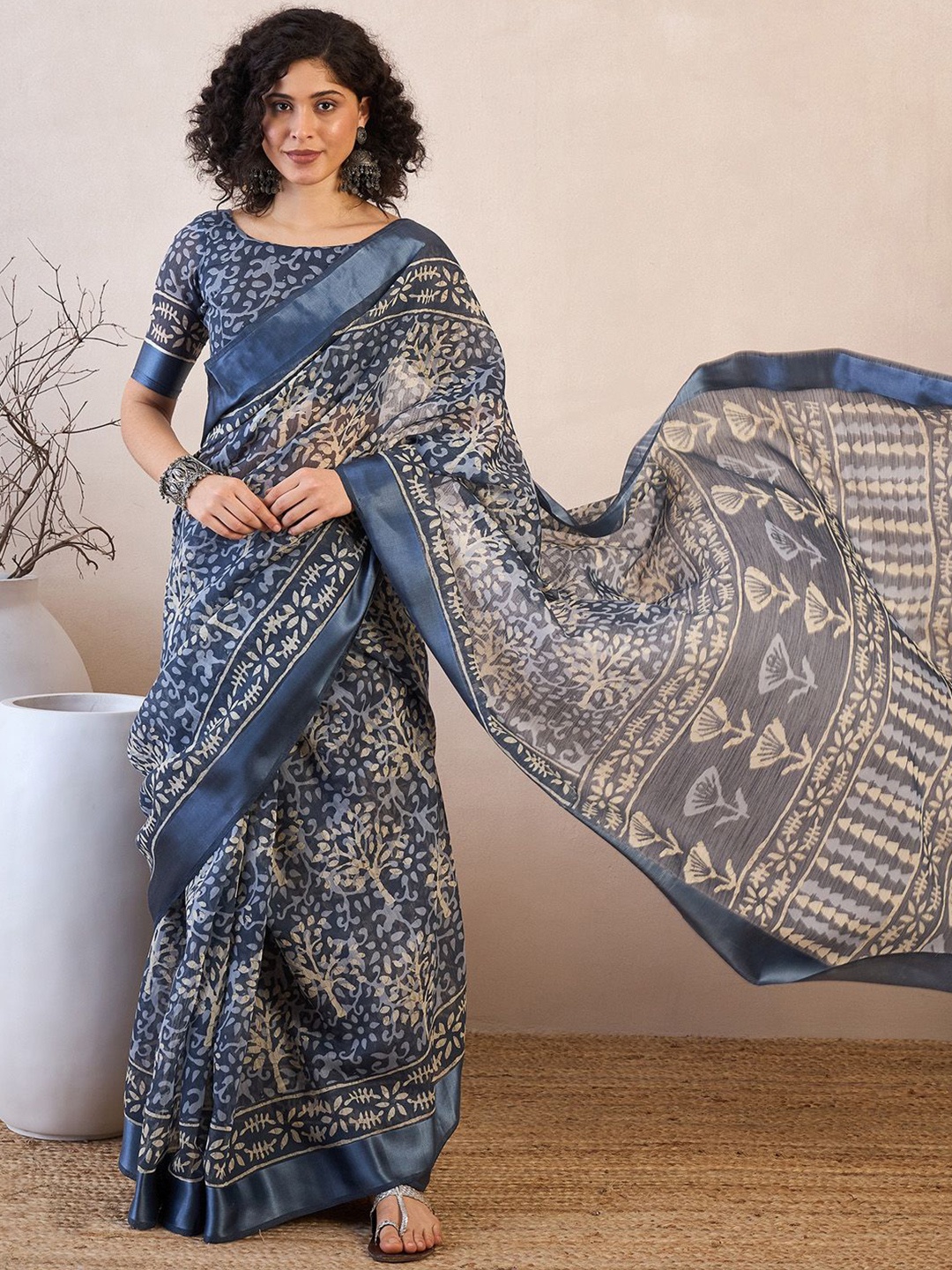 

Anouk Rustic Batik Ready to Wear Ikat Saree, Blue