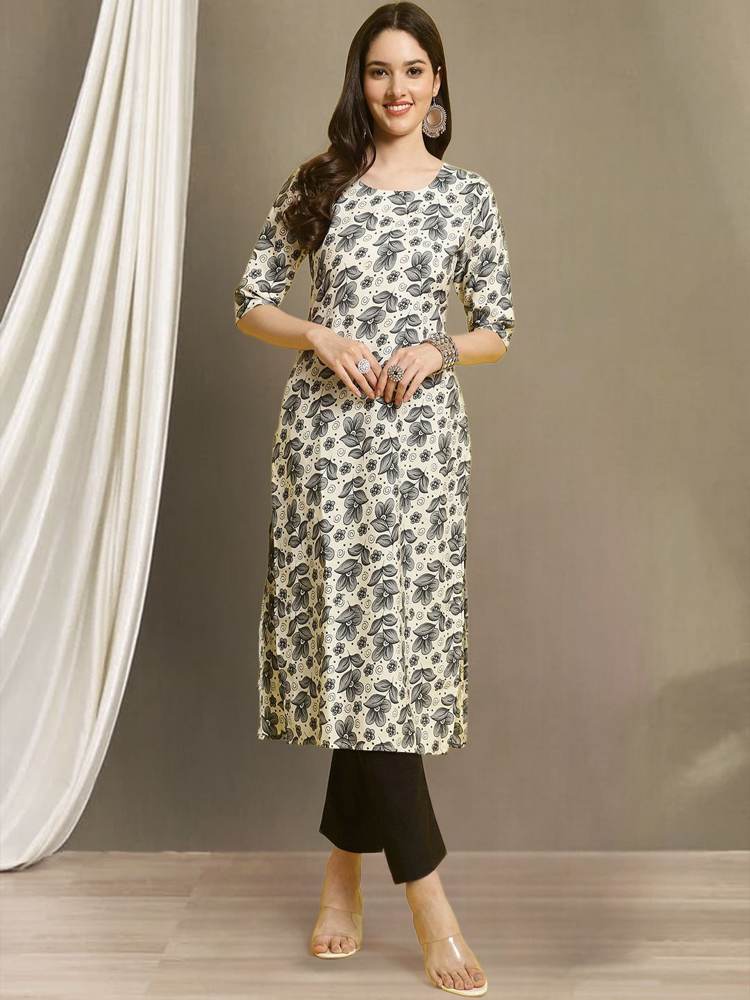 

Moda Rapido Floral Printed Round Neck Straight Kurta With Trouser, Grey